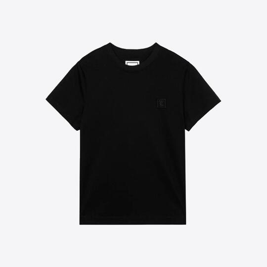 우영미 여성 블랙 비즈 백로고 뱃지 라운드 코튼 반팔 티셔츠 (블랙) M233TS09708B